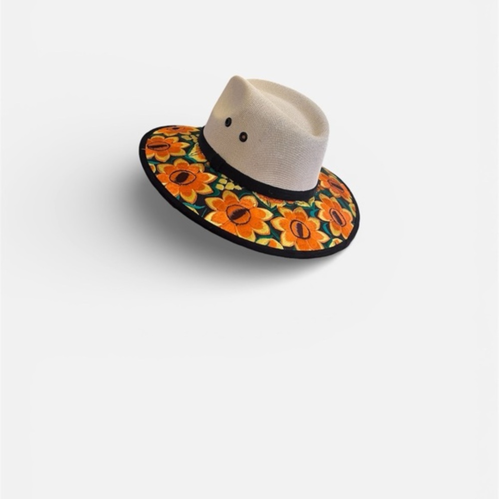 Embroidered Wide Brim Hat Floral Sun Hat Size M